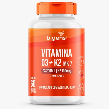 Vitamina D3 2000UI K2 MK 7 100mcg Formulado com azeite de oliva Bigens (60 cápsulas)