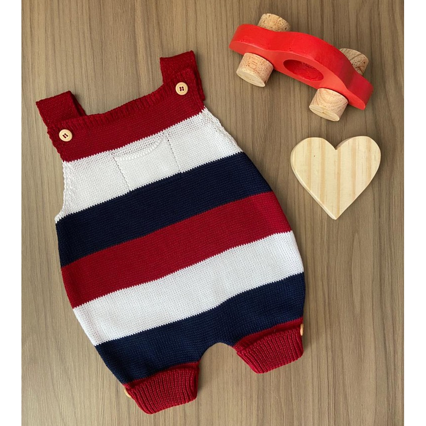 Salopete Jardineira Romper Listra RN Macacão Menino Menina Bebê Récem Nascido Tricô