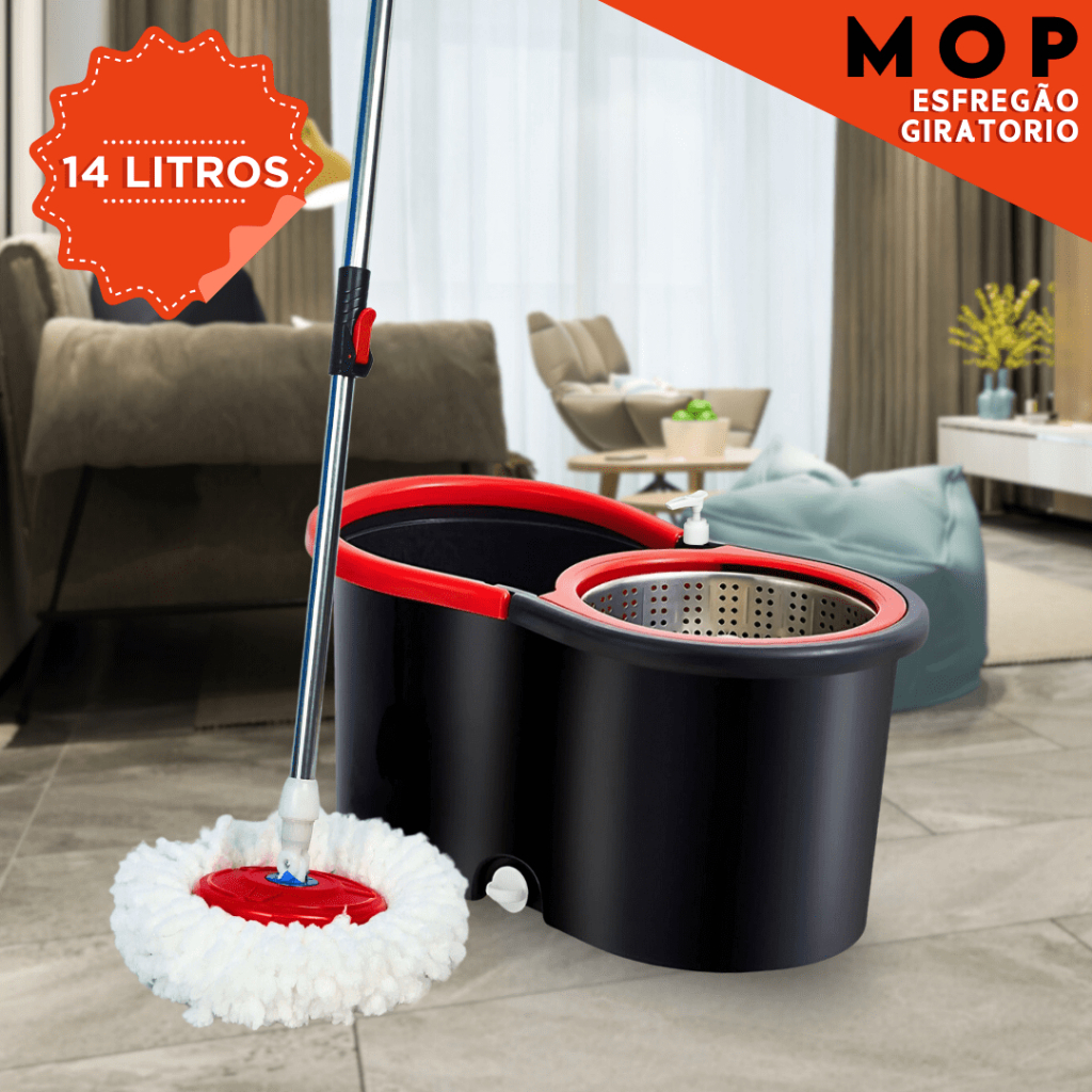 Mop C/ cabo de 140 cm + 2 Refis - Rodinhas e Cesto Em Inox - Balde Centrífuga- NL