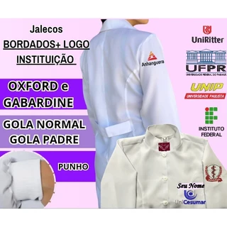 JALECO FEMININO BORDADO COM PUNHO LOGO DE INSTITUIÇÃO