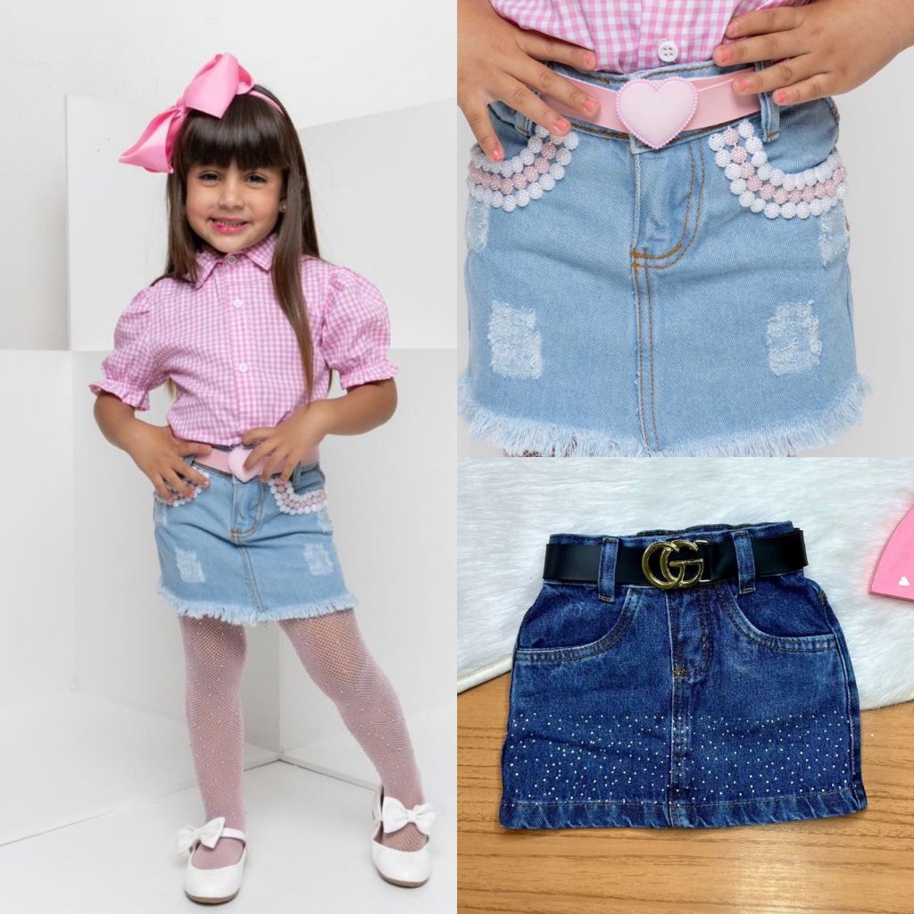Saia Jeans Modinha Infantil Com Cinto Clara e Escura/ Menina ...