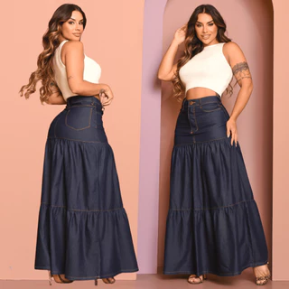 Saia Jeans Feminina Longa Três Marias Cintura Alta Evangélica