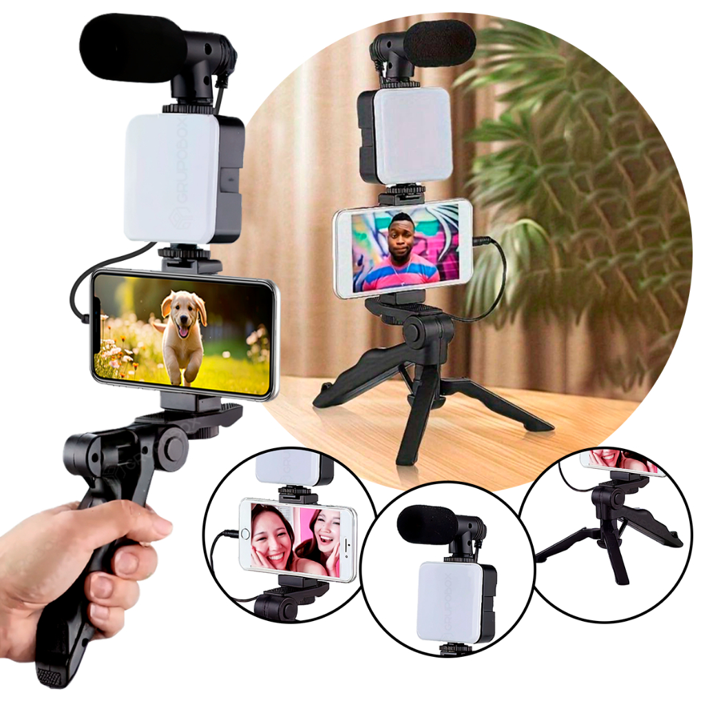 Tripé Estabilizador Para Celular Com Microfone Iluminação Live Vlog Gravação De Videos