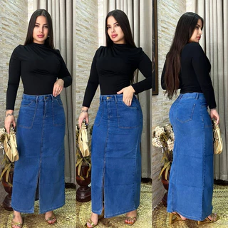 saia jeans longa com fenda na frente