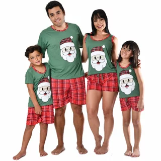 Kit Pijama Natal Familia Tal Pai Tal Filho & Tal Mãe Tal Filha Verão Estampado Noel