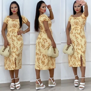 Vestido Midi Estampado de VISCOLINHO com Fenda Lateral Lastex nas Costas