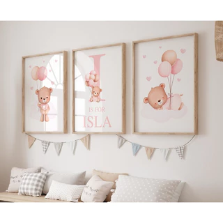 Quadro Decorativo Ursinho Balão Rosa * Nome Personalizado * decoração infantil berçário baby fofo 3 peças