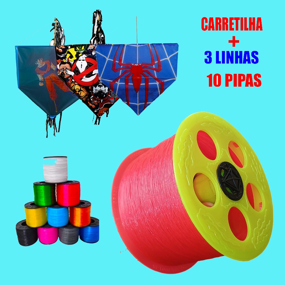 Pipa Kit 10 Pipas Com Rabiola + Carretilha de Pipa + 2 Linhas de Pipa ...