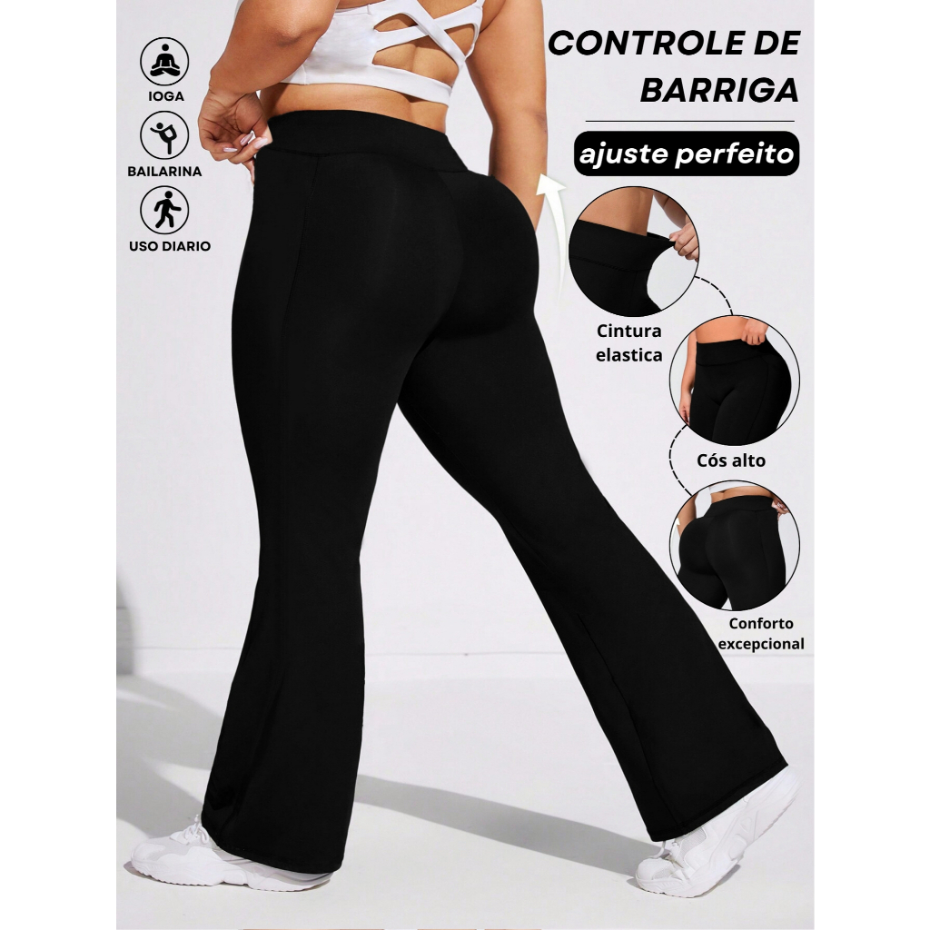 Calça Flare Bailarina Plus Size Tecido Grosso Cós Alto Em Suplex Poliéster Conforto Com Wolfox