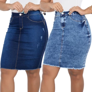 Kit 2 Saias Jeans Com Elastano Cintura alta Sem Barra
