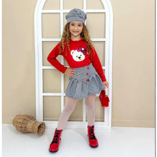 Conjunto infantil menina blogueirinha 3 peças Saia, blusa e boina