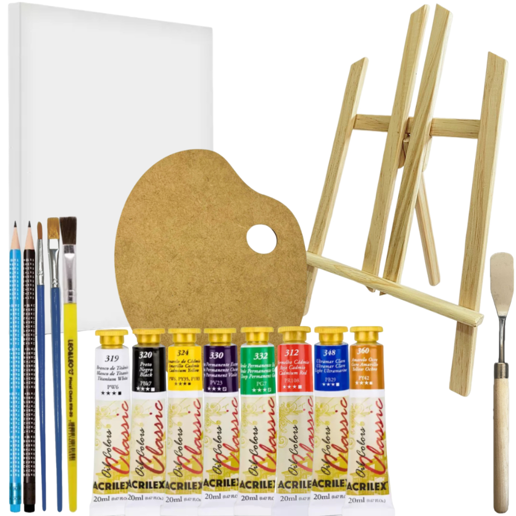 Kit Iniciante Pintura em Tela Tinta Oleo Cavalete Pincéis Espátula ...