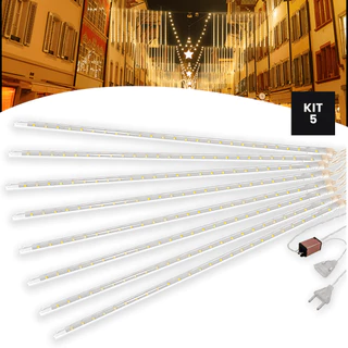 Kit 5 Cascata 8 Tubos 50cm Queda Pisca-Pisca Amarelo Chuva Branco Quente Led