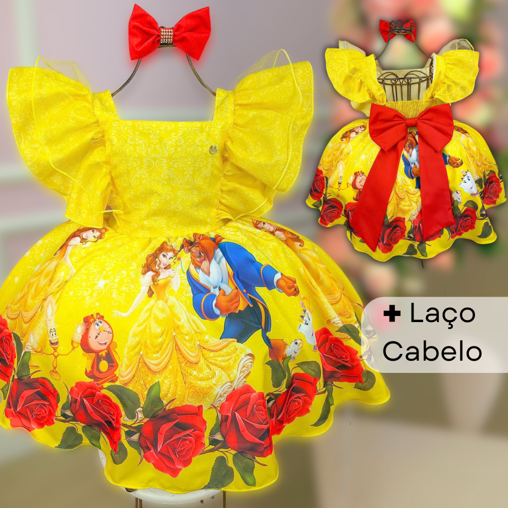 Vestido A Bela e a Fera do 1 AO 16 com Laço Cabelo tematico princesa ...
