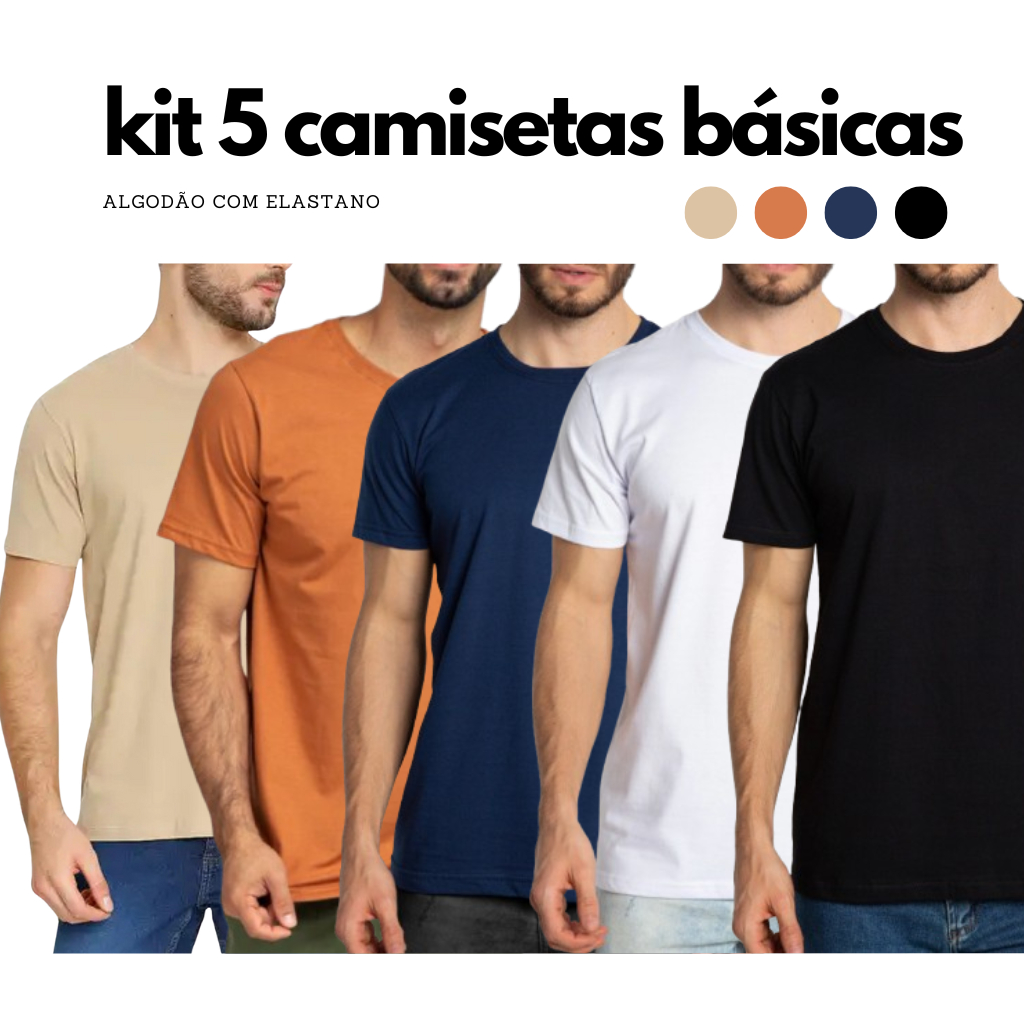 Kit 5 Camisetas Básicas Masculinas Fio 30.1 100% Algodão com elastano casual moderna
