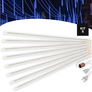 Kit 5 Cascata 8 Tubos 50cm Queda Pisca-Pisca Chuva Azul Led