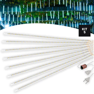 Kit 5 Cascata 8 Tubos Queda Pisca Chuva Gelo 50cm Branco Led