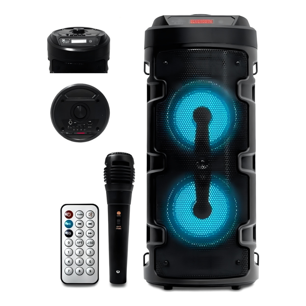 Caixa De Som Com Microfone Portátil Bluetooth Rádio Fm Usb Sd Controle Remoto Microfone Torre Preta