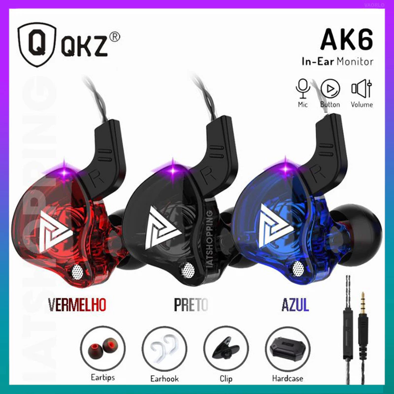 QKZ AK6 Fones de ouvido esportivos e fones de ouvido intra-auriculares com fio e microfone