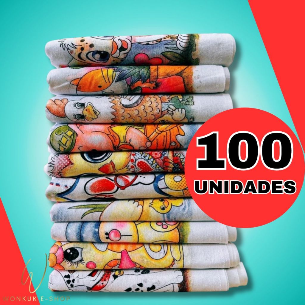 kit 100 Pano de prato de cozinha estampado com bainha 100% algodão peças variadas