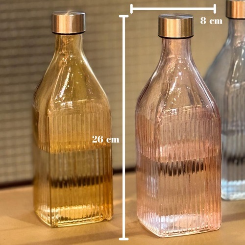 Garrafa De Vidro Scotch 1 Litro Quadrada Canelada Tampa Inox Água Suco Para Geladeira