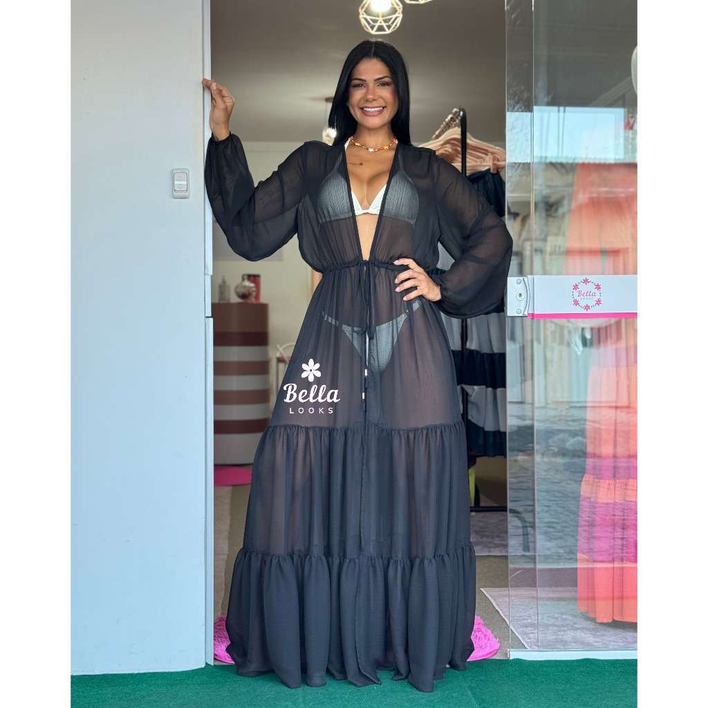 Saída de Praia Longa Luxo Preta Lisa Verão 2024/2025 | Shopee Brasil