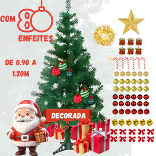 Kit Árvore de Natal 120CM Pinheiro Decorada Completa Galhos mais 80 Enfeites com Pisca Pisca