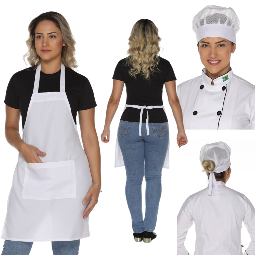 Kit 1 Avental de Cozinha + 1 Touca Tradicional Oxford Preto/