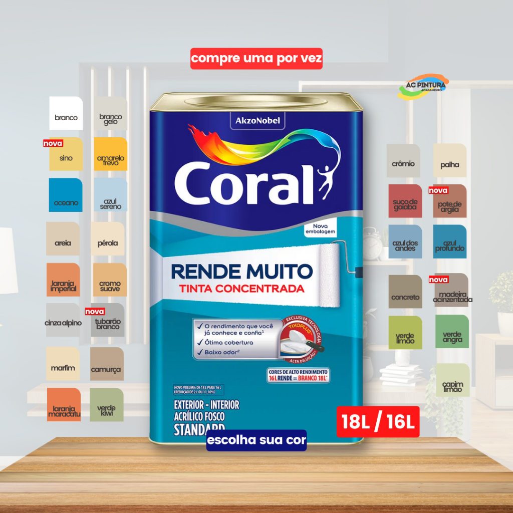 Tinta Acrilica Interior Exterior Coral Rende Muito 16/18L Cores Prontas ...