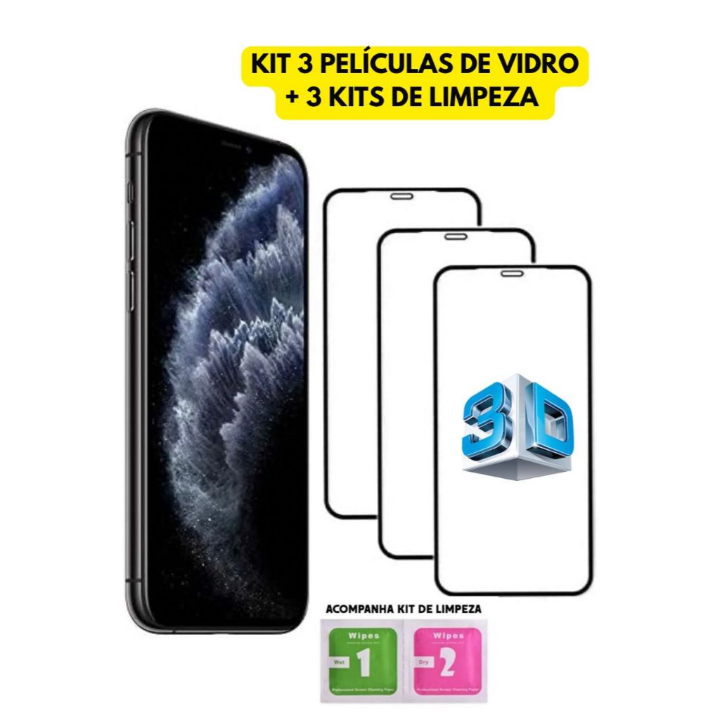 KIT 3 Película De Vidro Temperado 3D Pelicula Para Iphone XR 11 12 13 14 15 Pro Max