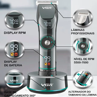 Cortador de Cabelo Profissional VGR OI VIDA OIV-256 Base de Carregamento Kit 6 Pentes Azul Sem fio