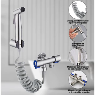 Kit Ducha Higiênica Com Registro em Aço Escovado 304 Válvula Dupla Saída 1/2 Para Banheiro Cozinha
