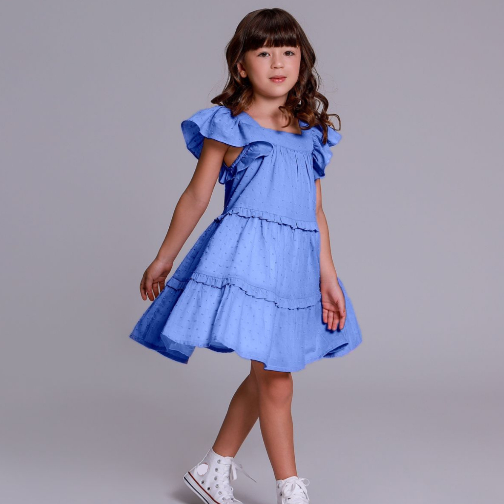 Roupa Infantil Menina Algodão Vestido Azul Verão Moda Feminina