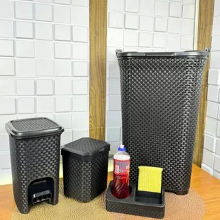 Kit Rattan Completo: Cesto de Roupas 50L, Lixeiras 7L e 5L, e Porta Detergente 2x1 para Organização e Estilo