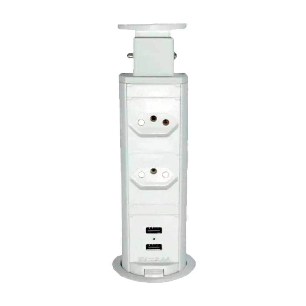 Torre de Tomada de Embutir c/ USB Retrátil e 2 Tomadas, Cinza, Branco e Preto Extensão