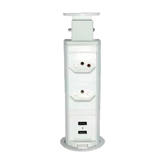 Torre de Tomada de Embutir c/ USB Retrátil e 2 Tomadas, Cinza, Branco e Preto Extensão