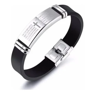 Kit até 12 Pulseiras masculina ajustavel Pai nosso Borracha resistente Prata