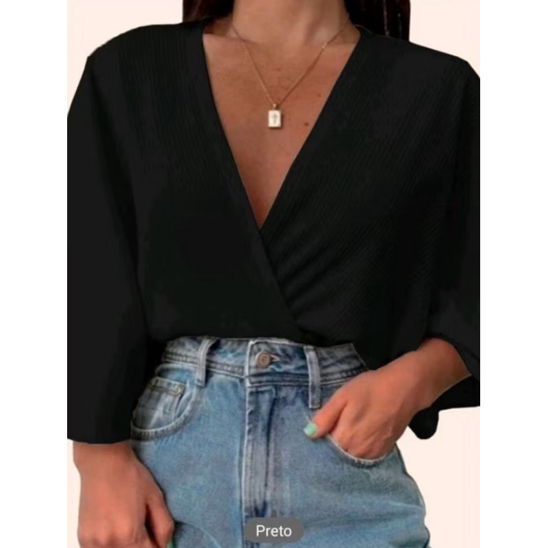 Blusa Transpassada Feminina Cropped Decote V Manga Morcego | Shopee Brasil