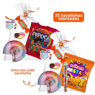 Kit 25 Sacolinhas Montadas Pipoquinha Salgadinho Frutitos Bala Pirulito Chaves Nucita