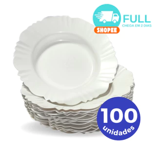 Kit 100 prato pétala fundo com borda BRANCO refeição churrasco festa jantar redondo prato plastico