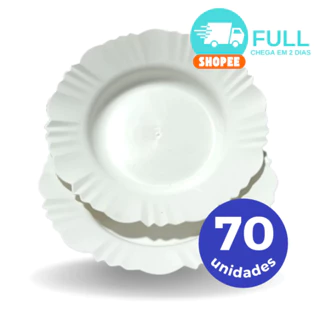 Kit 70 prato fundo com borda branco refeição churrasco festa prato redondo plastico branco