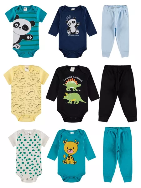 Kit Body 09 Peças de Roupas para Bebê Menino
(3 Body Curto + 3 Body Longo + 3)