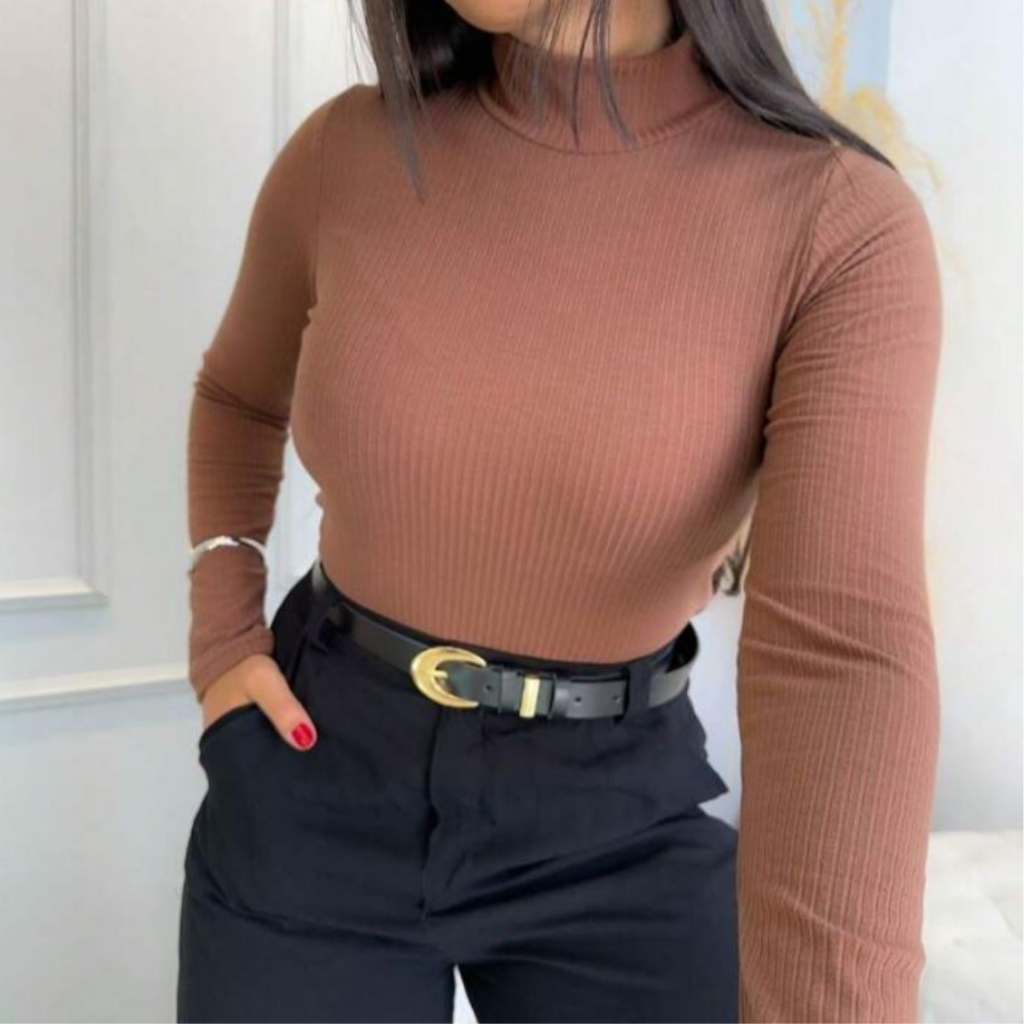 Blusa de Frio Feminina Elegante Manga Longa Gola Alta Camisa Social ...