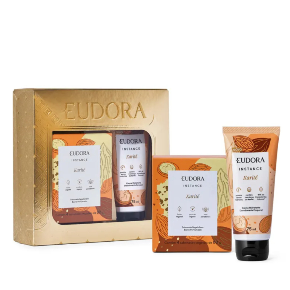 Eudora Instance Karité Estojo Presente Caixa de Sabonete 04un 80g + hidratante 75ml
