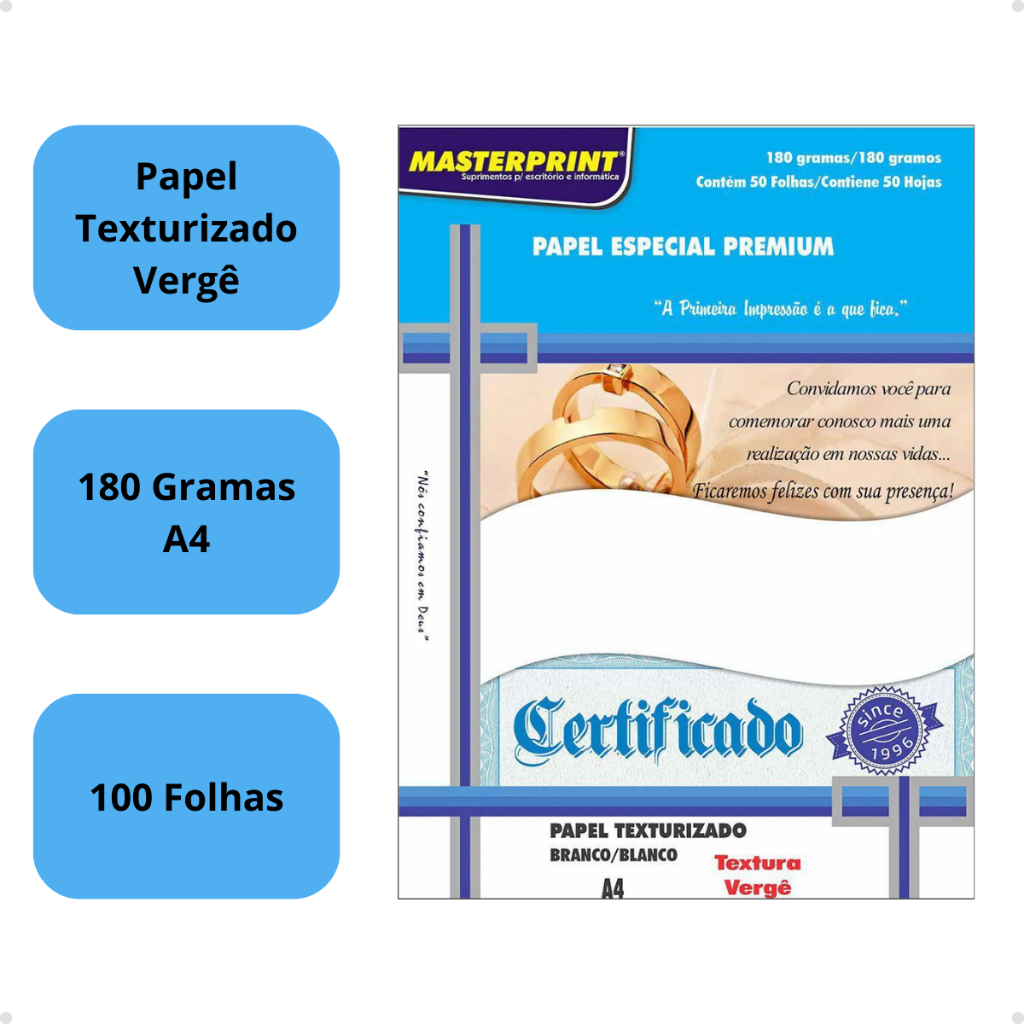 Papel Vergê 180g Texturizado A4 100 Folhas Branco Premium Masterprint