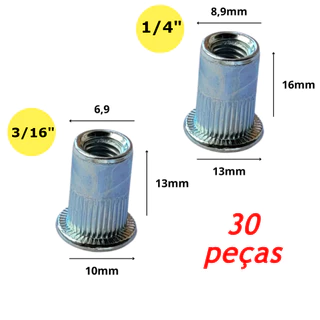 Kit 30 peças Porca Rebite de Aço de Rosca Interna 3/16" ou 1/4" - Opção