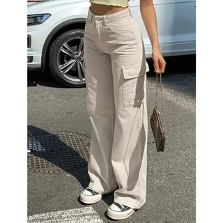 Calça Jeans Feminina Wide Leg Cargo Bege Cintura Alta 100% Algodão Premium