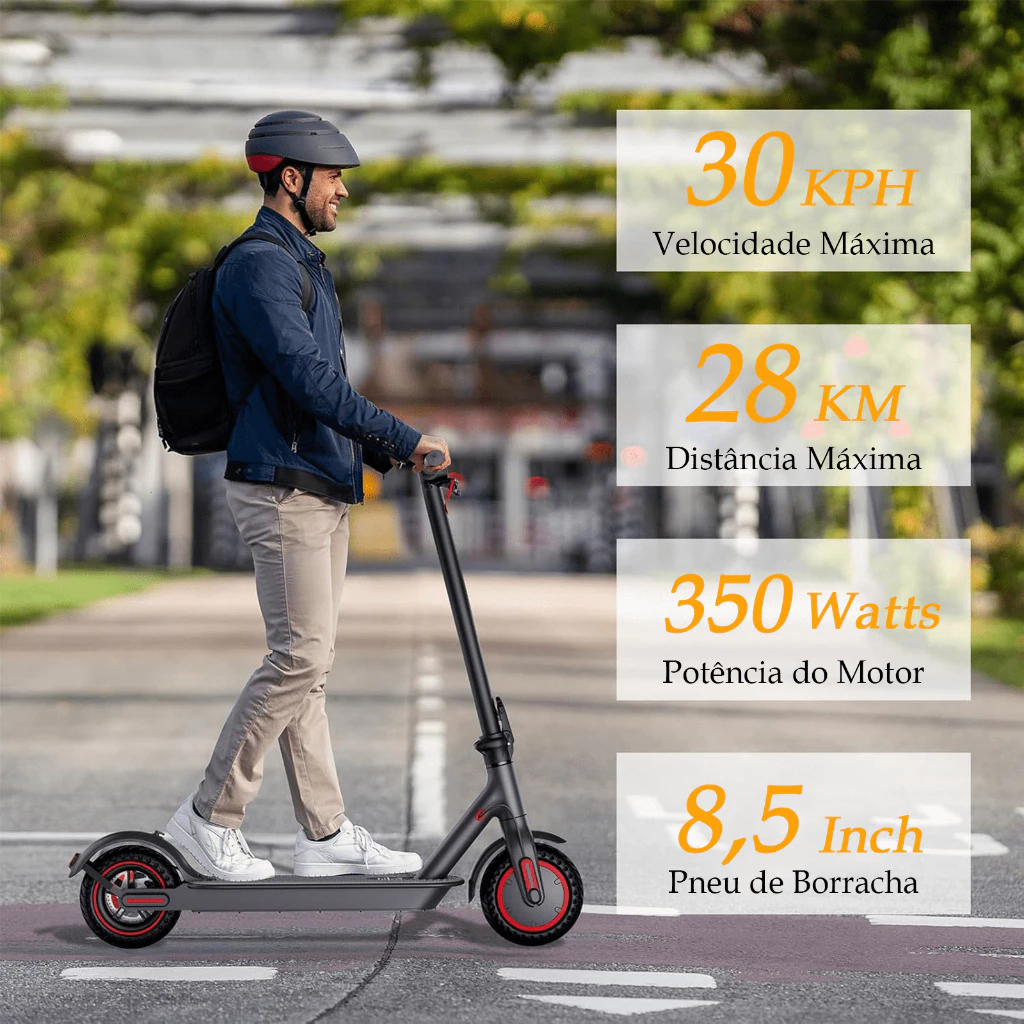Homem usando capacete e mochila, pilotando o patinete elétrico Auxom Pro preto em uma rua, com destaques de velocidade máxima 30 KPH e distância máxima 28 KM.