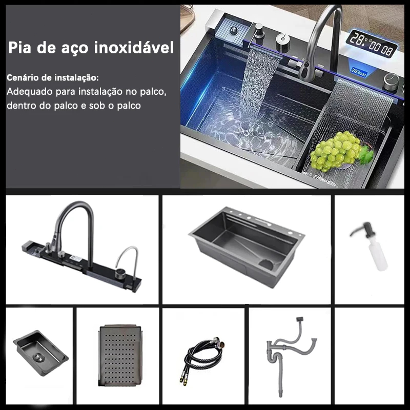 Kit Cuba Cozinha Gourmet Luxo Aço Inox Cinzento Com Acessórios Conjunto De Torneiras 75cm