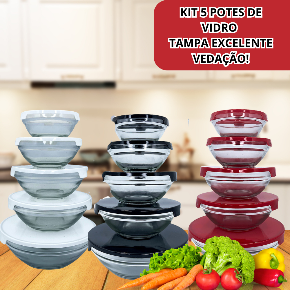Conjuntos kit 5 potes Vidro Hermeticos Com Tampa Armazenamento Alimentos